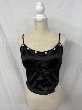 Black Satin Wild Fable Corset Top with Pink Rose Embellishments Summer